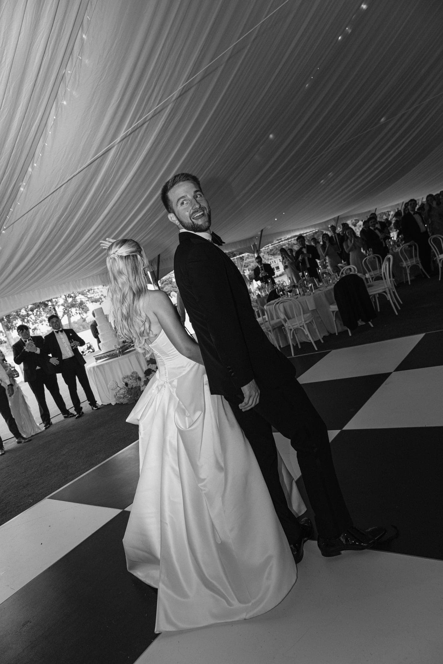 dancing under the tent, in black and white